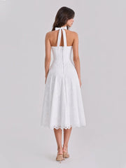 Cottagecore Halterneck Eyelet Cotton Midi Dress