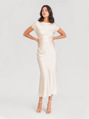 Cowl Back Satin Ruched Midi Dress