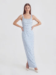 Crystal-Ombré Scoop-Neck Column Gown