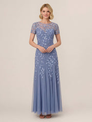 Sophisticated Hand-Beaded Floral Godet Gown
