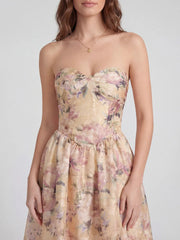 Elegant Floral Jacquard Bustier Maxi Dress