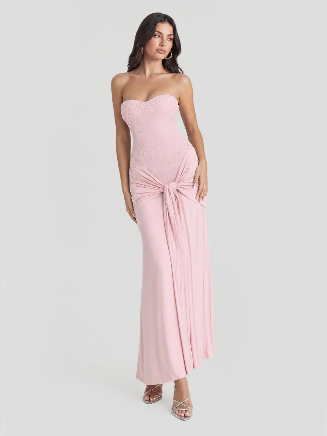 Beaded Embellished Strapless Tie-Waist Maxi Dress