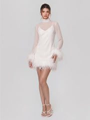 Feather Trimmed Satin Mini Dress with Mesh Overlay
