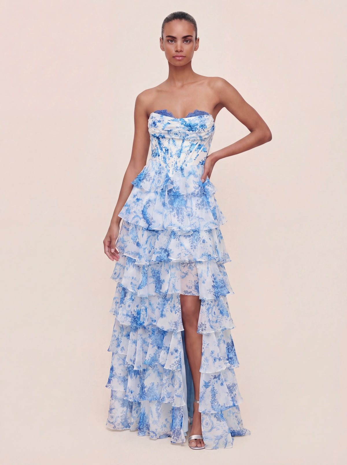 Floral A-line Printed Prom Dress with Tiered Ruffles