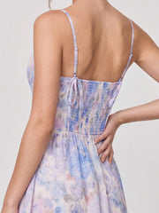 Lilac Floral Corset Midi with Tiered Ruffle Hem & Tie-Waist