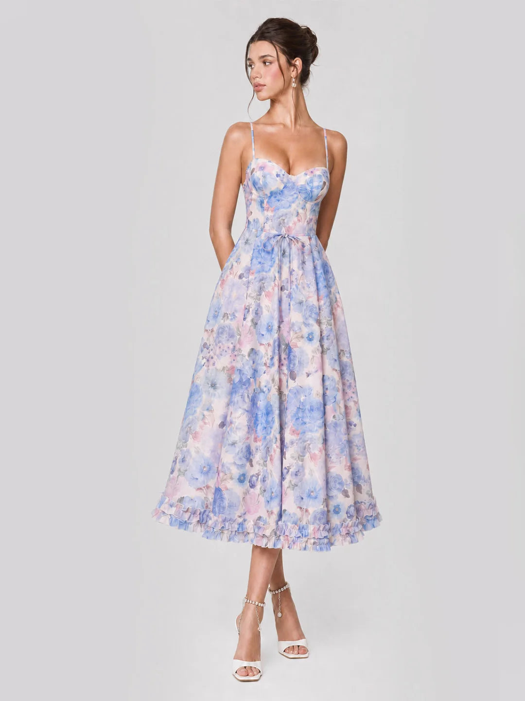 Lilac Floral Corset Midi with Tiered Ruffle Hem & Tie-Waist