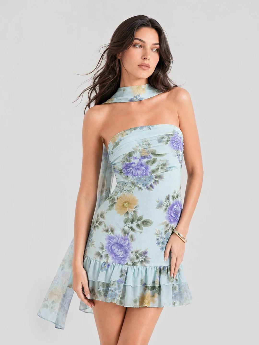 Floral Strapless Scarf Detail Mini Dress