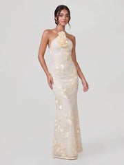 Flower Halter Embroidery Maxi Dress