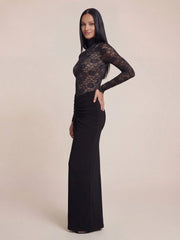 High-Neck Floral Lace Bodice Ruched Maxi Dress