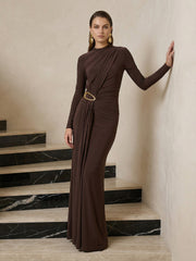 High-Neck Maxi Dress With Gathered-Detail