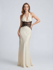 Halter Neck Lace and Satin Low Back Maxi Dress