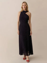 One-Shoulder Dress with Attached Scarf in Polka Dot Chiffon