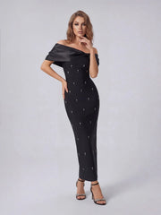 One-shoulder diamond bow bandage dress