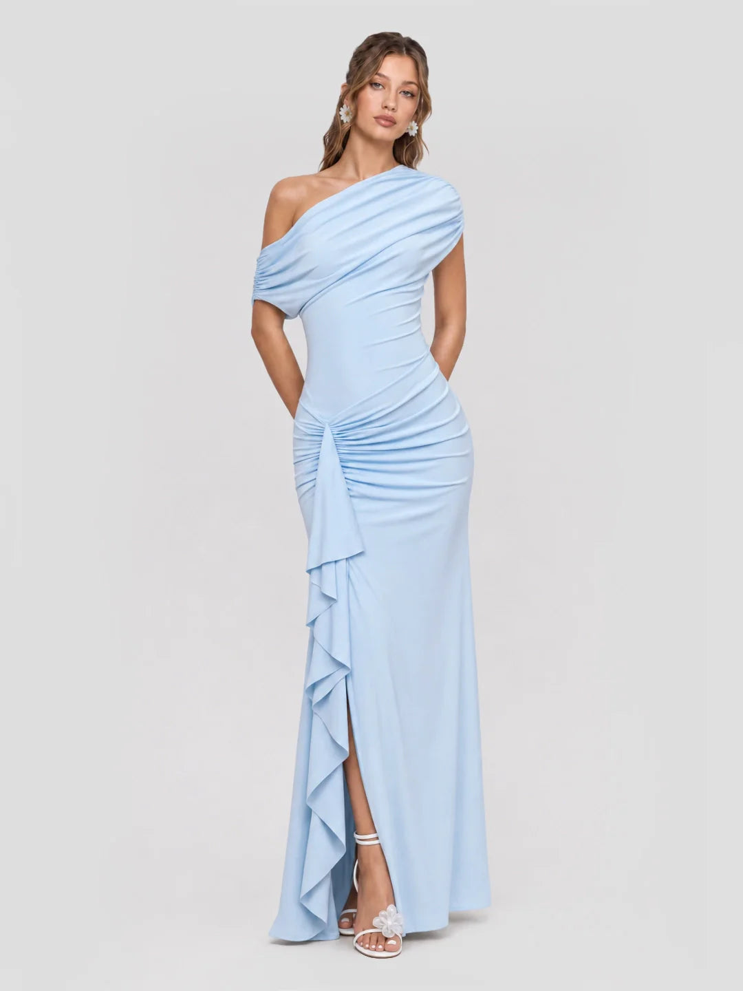 One Shoulder Maxi Dress with Draped-Detailing