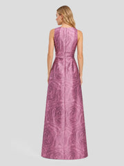 Opulent Jacquard Sash-Waist Gown