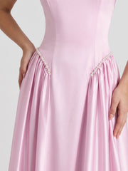 Pearl Straps Satin Halter Maxi Dress
