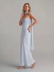 Ribbon Strapless Satin Maxi Dress with Cowl Tie
