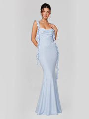 Ruffle Straps & Open Back Satin Maxi Dress