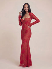 Sheer Lace Embroidered Floral Bodycon Maxi Dress