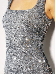 Glittering Sleeveless Square-Neck Sequin Mini Dress