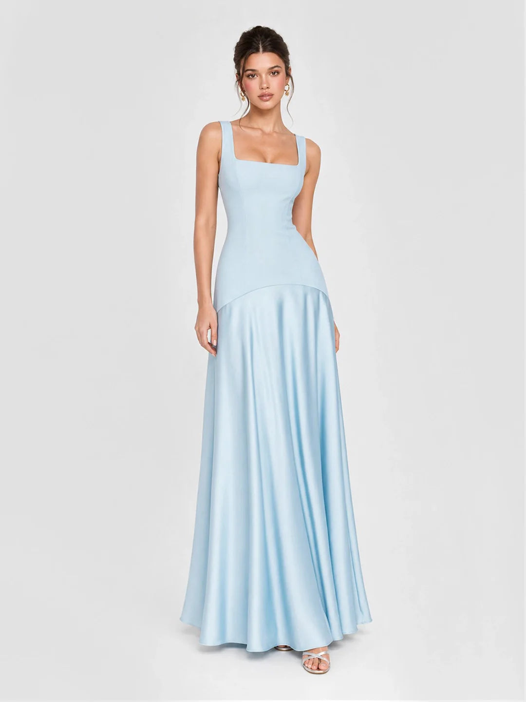 Square Neck Satin Patchwork Maxi Dress