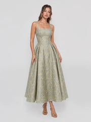 Square Neckline Floral Jacquard Midi Dress