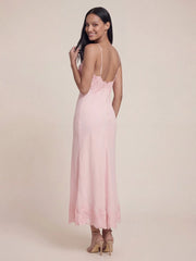 V-Neck Lace Detailed Satin Maxi Dress