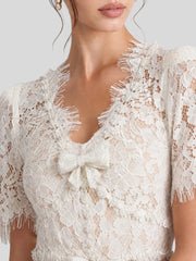 V-Neck Short Sleeves Bowknot Lace Midi Dress