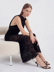 Velvet-Lace Halter Gown with Trailing Chiffon Accents