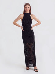 Velvet-Lace Halter Gown with Trailing Chiffon Accents