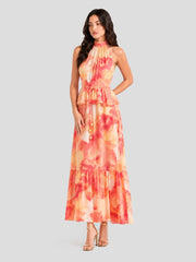Watercolor Halterneck Open Back Maxi Dress