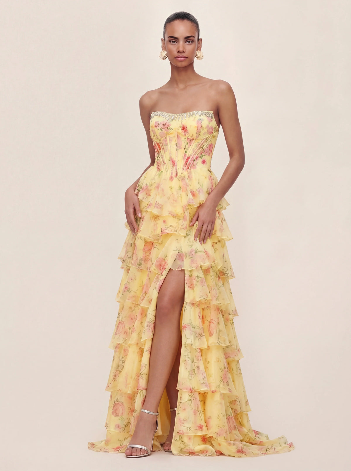 Floral Chiffon Bandeau Prom Gown