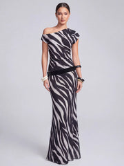 Zebra Printed Mesh Asym Neck Maxi Dress
